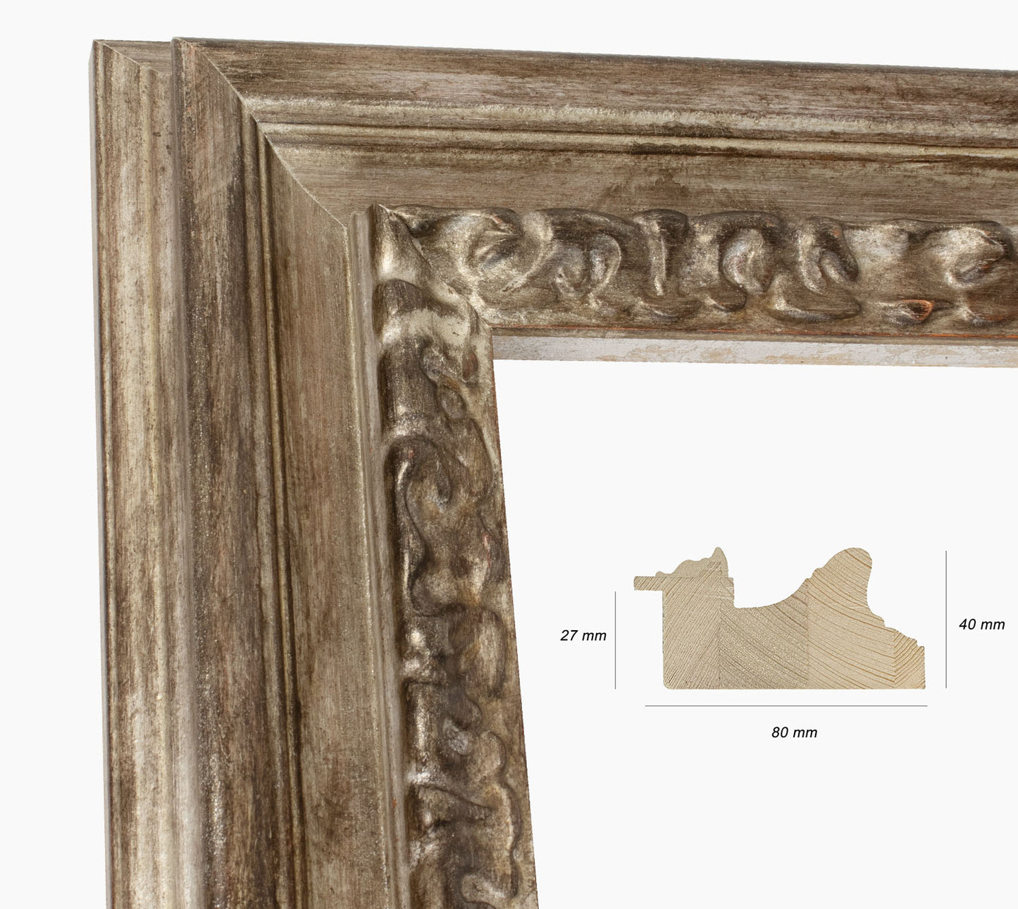 506.231 wooden frame with antique silver leaf profile measurement 80x40 mm